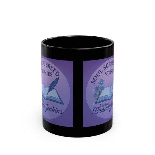 Soul Scribbled Stories logo Mug | Black ceramic author coffee mug